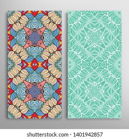 Vertical seamless patterns set, floral geometric lace texture for Wedding, Valentine's day, greeting card or Birthday Invitation. Decorative seamless doodle backgrounds. Ethnic ornament border pattern