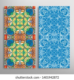 Vertical seamless patterns set, floral geometric lace texture for Wedding, Valentine's day, greeting card or Birthday Invitation. Decorative seamless doodle backgrounds. Ethnic ornament border pattern