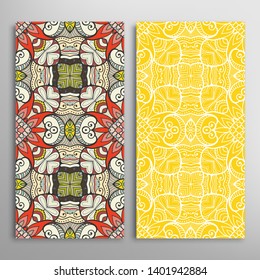 Vertical seamless patterns set, floral geometric lace texture for Wedding, Valentine's day, greeting card or Birthday Invitation. Decorative seamless doodle backgrounds. Ethnic ornament border pattern