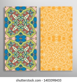 Vertical seamless patterns set, floral geometric lace texture for Wedding, Valentine's day, greeting card or Birthday Invitation. Decorative seamless doodle backgrounds. Ethnic ornament border pattern