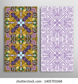 Vertical seamless patterns set, floral geometric lace texture for Wedding, Valentine's day, greeting card or Birthday Invitation. Decorative seamless doodle backgrounds. Ethnic ornament border pattern
