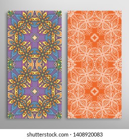 Vertical seamless patterns set, floral geometric lace texture for Wedding, Valentine's day, greeting card or Birthday Invitation. Decorative seamless doodle backgrounds. Ethnic ornament border pattern