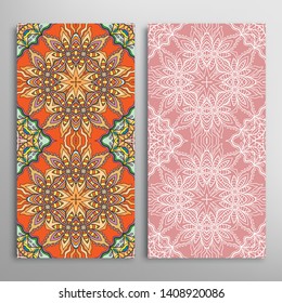 Vertical seamless patterns set, floral geometric lace texture for Wedding, Valentine's day, greeting card or Birthday Invitation. Decorative seamless doodle backgrounds. Ethnic ornament border pattern