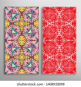 Vertical seamless patterns set, floral geometric lace texture for Wedding, Valentine's day, greeting card or Birthday Invitation. Decorative seamless doodle backgrounds. Ethnic ornament border pattern