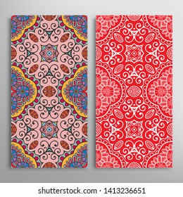 Vertical seamless patterns set, floral geometric lace texture for Wedding, Valentine's day, greeting card or Birthday Invitation. Decorative seamless doodle backgrounds. Ethnic ornament border pattern