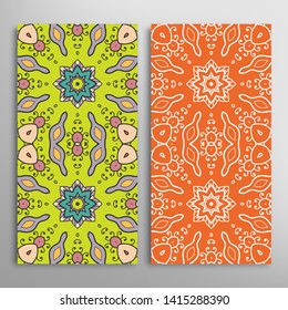 Vertical seamless patterns set, floral geometric lace texture for Wedding, Valentine's day, greeting card or Birthday Invitation. Decorative seamless doodle backgrounds. Ethnic ornament border pattern