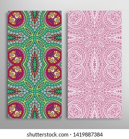 Vertical seamless patterns set, floral geometric lace texture for Wedding, Valentine's day, greeting card or Birthday Invitation. Decorative seamless doodle backgrounds. Ethnic ornament border pattern