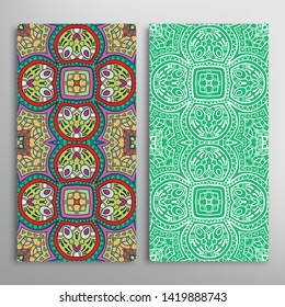 Vertical seamless patterns set, floral geometric lace texture for Wedding, Valentine's day, greeting card or Birthday Invitation. Decorative seamless doodle backgrounds. Ethnic ornament border pattern