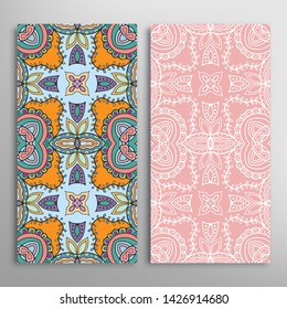 Vertical seamless patterns set, floral geometric lace texture for Wedding, Valentine's day, greeting card or Birthday Invitation. Decorative seamless doodle backgrounds. Ethnic ornament border pattern