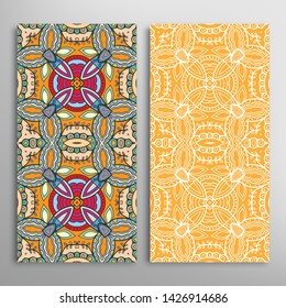 Vertical seamless patterns set, floral geometric lace texture for Wedding, Valentine's day, greeting card or Birthday Invitation. Decorative seamless doodle backgrounds. Ethnic ornament border pattern
