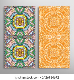 Vertical seamless patterns set, floral geometric lace texture for Wedding, Valentine's day, greeting card or Birthday Invitation. Decorative seamless doodle backgrounds. Ethnic ornament border pattern