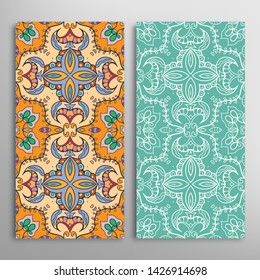 Vertical seamless patterns set, floral geometric lace texture for Wedding, Valentine's day, greeting card or Birthday Invitation. Decorative seamless doodle backgrounds. Ethnic ornament border pattern