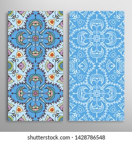 Vertical seamless patterns set, floral geometric lace texture for Wedding, Valentine's day, greeting card or Birthday Invitation. Decorative seamless doodle backgrounds. Ethnic ornament border pattern