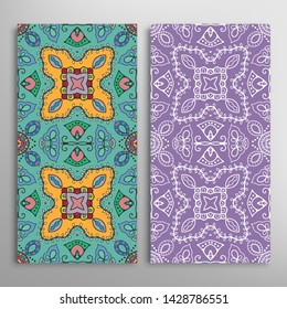 Vertical seamless patterns set, floral geometric lace texture for Wedding, Valentine's day, greeting card or Birthday Invitation. Decorative seamless doodle backgrounds. Ethnic ornament border pattern