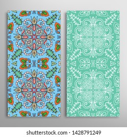 Vertical seamless patterns set, floral geometric lace texture for Wedding, Valentine's day, greeting card or Birthday Invitation. Decorative seamless doodle backgrounds. Ethnic ornament border pattern
