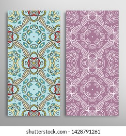 Vertical seamless patterns set, floral geometric lace texture for Wedding, Valentine's day, greeting card or Birthday Invitation. Decorative seamless doodle backgrounds. Ethnic ornament border pattern
