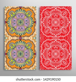 Vertical seamless patterns set, floral geometric lace texture for Wedding, Valentine's day, greeting card or Birthday Invitation. Decorative seamless doodle backgrounds. Ethnic ornament border pattern