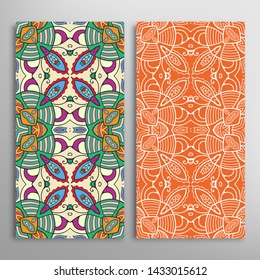 Vertical seamless patterns set, floral geometric lace texture for Wedding, Valentine's day, greeting card or Birthday Invitation. Decorative seamless doodle backgrounds. Ethnic ornament border pattern