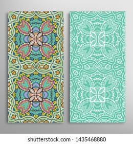 Vertical seamless patterns set, floral geometric lace texture for Wedding, Valentine's day, greeting card or Birthday Invitation. Decorative seamless doodle backgrounds. Ethnic ornament border pattern
