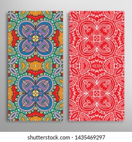 Vertical seamless patterns set, floral geometric lace texture for Wedding, Valentine's day, greeting card or Birthday Invitation. Decorative seamless doodle backgrounds. Ethnic ornament border pattern