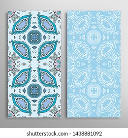 Vertical seamless patterns set, floral geometric lace texture for Wedding, Valentine's day, greeting card or Birthday Invitation. Decorative seamless doodle backgrounds. Ethnic ornament border pattern
