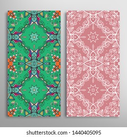 Vertical seamless patterns set, floral geometric lace texture for Wedding, Valentine's day, greeting card or Birthday Invitation. Decorative seamless doodle backgrounds. Ethnic ornament border pattern