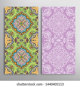 Vertical seamless patterns set, floral geometric lace texture for Wedding, Valentine's day, greeting card or Birthday Invitation. Decorative seamless doodle backgrounds. Ethnic ornament border pattern