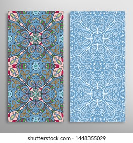 Vertical seamless patterns set, floral geometric lace texture for Wedding, Valentine's day, greeting card or Birthday Invitation. Decorative seamless doodle backgrounds. Ethnic ornament border pattern