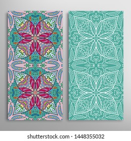Vertical seamless patterns set, floral geometric lace texture for Wedding, Valentine's day, greeting card or Birthday Invitation. Decorative seamless doodle backgrounds. Ethnic ornament border pattern