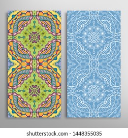 Vertical seamless patterns set, floral geometric lace texture for Wedding, Valentine's day, greeting card or Birthday Invitation. Decorative seamless doodle backgrounds. Ethnic ornament border pattern
