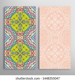 Vertical seamless patterns set, floral geometric lace texture for Wedding, Valentine's day, greeting card or Birthday Invitation. Decorative seamless doodle backgrounds. Ethnic ornament border pattern