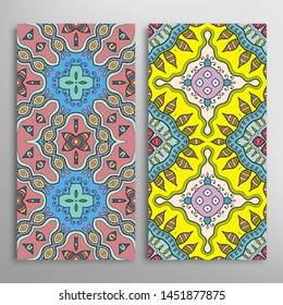Vertical seamless patterns set, floral geometric texture for Wedding, Valentine's day, greeting card or Birthday Invitation. Decorative seamless doodle backgrounds. Ethnic ornament border pattern