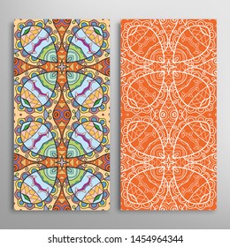 Vertical seamless patterns set, floral geometric lace texture for Wedding, Valentine's day, greeting card or Birthday Invitation. Decorative seamless doodle backgrounds. Ethnic ornament border pattern