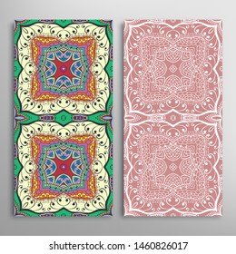 Vertical seamless patterns set, floral geometric lace texture for Wedding, Valentine's day, greeting card or Birthday Invitation. Decorative seamless doodle backgrounds. Ethnic ornament border pattern