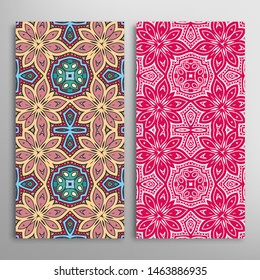 Vertical seamless patterns set, floral geometric lace texture for Wedding, Valentine's day, greeting card or Birthday Invitation. Decorative seamless doodle backgrounds. Ethnic ornament border pattern