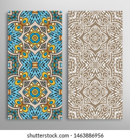 Vertical seamless patterns set, floral geometric lace texture for Wedding, Valentine's day, greeting card or Birthday Invitation. Decorative seamless doodle backgrounds. Ethnic ornament border pattern
