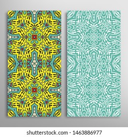 Vertical seamless patterns set, floral geometric lace texture for Wedding, Valentine's day, greeting card or Birthday Invitation. Decorative seamless doodle backgrounds. Ethnic ornament border pattern