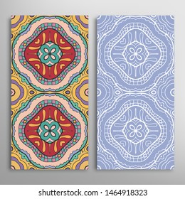 Vertical seamless patterns set, floral geometric lace texture for Wedding, Valentine's day, greeting card or Birthday Invitation. Decorative seamless doodle backgrounds. Ethnic ornament border pattern