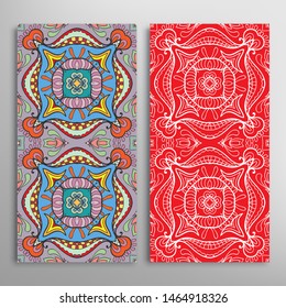 Vertical seamless patterns set, floral geometric lace texture for Wedding, Valentine's day, greeting card or Birthday Invitation. Decorative seamless doodle backgrounds. Ethnic ornament border pattern