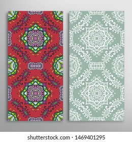 Vertical seamless patterns set, floral geometric lace texture for Wedding, Valentine's day, greeting card or Birthday Invitation. Decorative seamless doodle backgrounds. Ethnic ornament border pattern