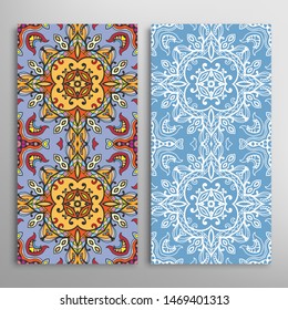 Vertical seamless patterns set, floral geometric lace texture for Wedding, Valentine's day, greeting card or Birthday Invitation. Decorative seamless doodle backgrounds. Ethnic ornament border pattern
