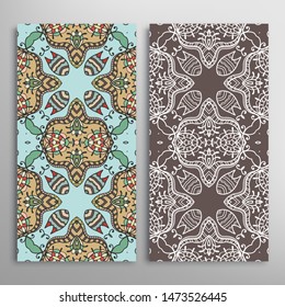 Vertical seamless patterns set, floral geometric lace texture for Wedding, Valentine's day, greeting card or Birthday Invitation. Decorative seamless doodle backgrounds. Ethnic ornament border pattern