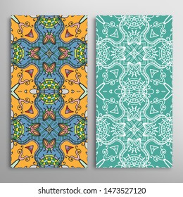 Vertical seamless patterns set, floral geometric lace texture for Wedding, Valentine's day, greeting card or Birthday Invitation. Decorative seamless doodle backgrounds. Ethnic ornament border pattern