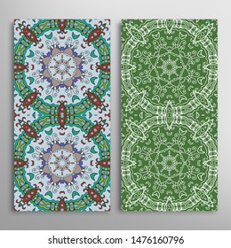 Vertical seamless patterns set, floral geometric lace texture for Wedding, Valentine's day, greeting card or Birthday Invitation. Decorative seamless doodle backgrounds. Ethnic ornament border pattern