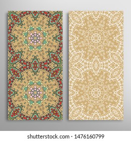 Vertical seamless patterns set, floral geometric lace texture for Wedding, Valentine's day, greeting card or Birthday Invitation. Decorative seamless doodle backgrounds. Ethnic ornament border pattern