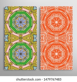 Vertical seamless patterns set, floral geometric lace texture for Wedding, Valentine's day, greeting card or Birthday Invitation. Decorative seamless doodle backgrounds. Ethnic ornament border pattern
