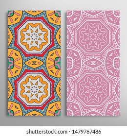 Vertical seamless patterns set, floral geometric lace texture for Wedding, Valentine's day, greeting card or Birthday Invitation. Decorative seamless doodle backgrounds. Ethnic ornament border pattern