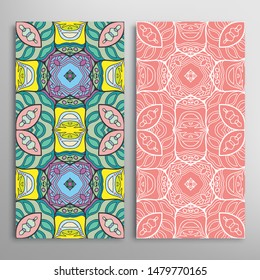 Vertical seamless patterns set, floral geometric lace texture for Wedding, Valentine's day, greeting card or Birthday Invitation. Decorative seamless doodle backgrounds. Ethnic ornament border pattern