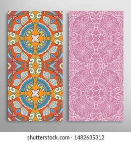 Vertical seamless patterns set, floral geometric lace texture for Wedding, Valentine's day, greeting card or Birthday Invitation. Decorative seamless doodle backgrounds. Ethnic ornament border pattern