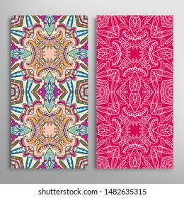 Vertical seamless patterns set, floral geometric lace texture for Wedding, Valentine's day, greeting card or Birthday Invitation. Decorative seamless doodle backgrounds. Ethnic ornament border pattern